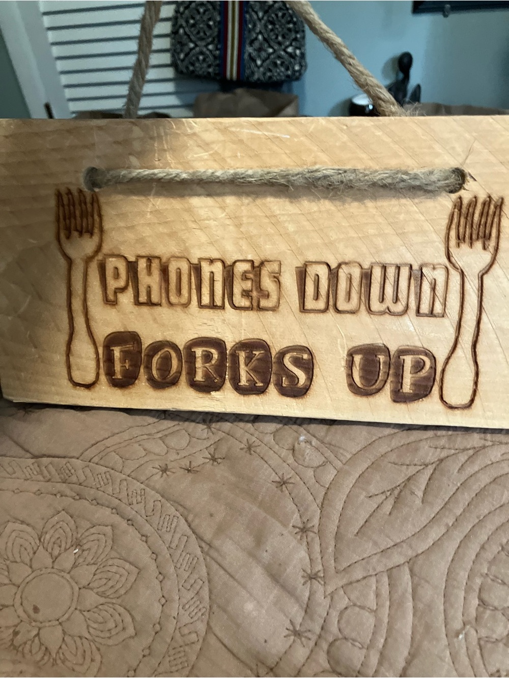 Wooden Wall Sign "Phones Down Forks Up" - Natural Wood
